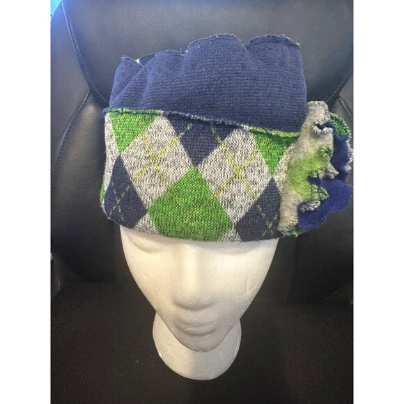 Unique Argyle Pattern‎ Cloche Hat With Floral Accent Blue & Green - Picture 3 of 7